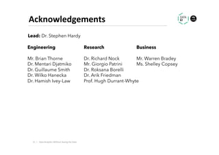 Acknowledgements	
51		|	
Engineering
Mr. Brian Thorne
Dr. Mentari Djatmiko
Dr. Guillaume Smith
Dr. Wilko Hanecka
Dr. Hamish Ivey-Law
Research
Dr. Richard Nock
Mr. Giorgio Patrini
Dr. Roksana Borelli
Dr. Arik Friedman
Prof. Hugh Durrant-Whyte
Business
Mr. Warren Bradey
Ms. Shelley Copsey
Lead: Dr. Stephen Hardy	
Data	Analy.cs	Without	Seeing	the	Data	
 