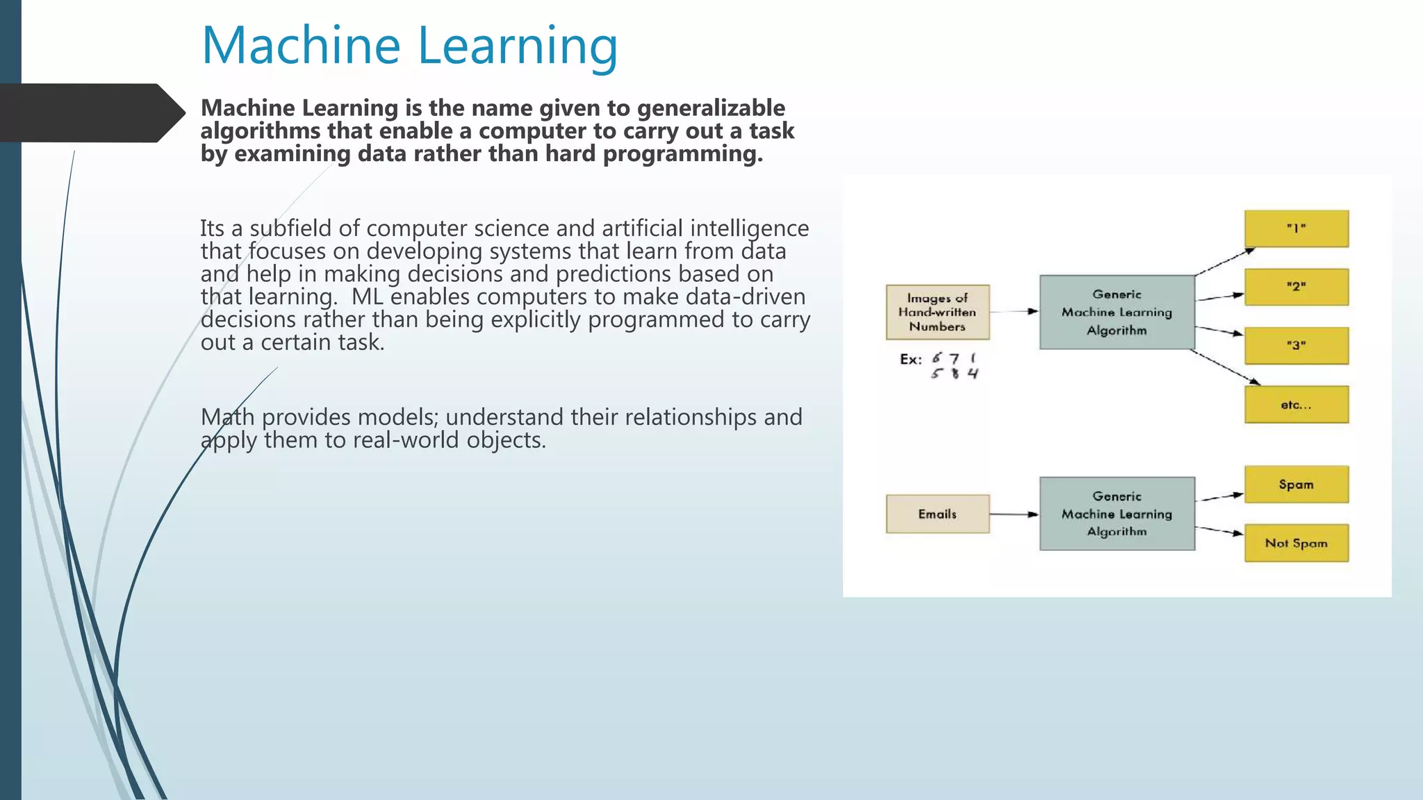 Machine Learning
Machine Learning is the name given to generalizable
algorithms that enable a computer to carry out a task
by examining data rather than hard programming.
Its a subfield of computer science and artificial intelligence
that focuses on developing systems that learn from data
and help in making decisions and predictions based on
that learning. ML enables computers to make data-driven
decisions rather than being explicitly programmed to carry
out a certain task.
Math provides models; understand their relationships and
apply them to real-world objects.
 