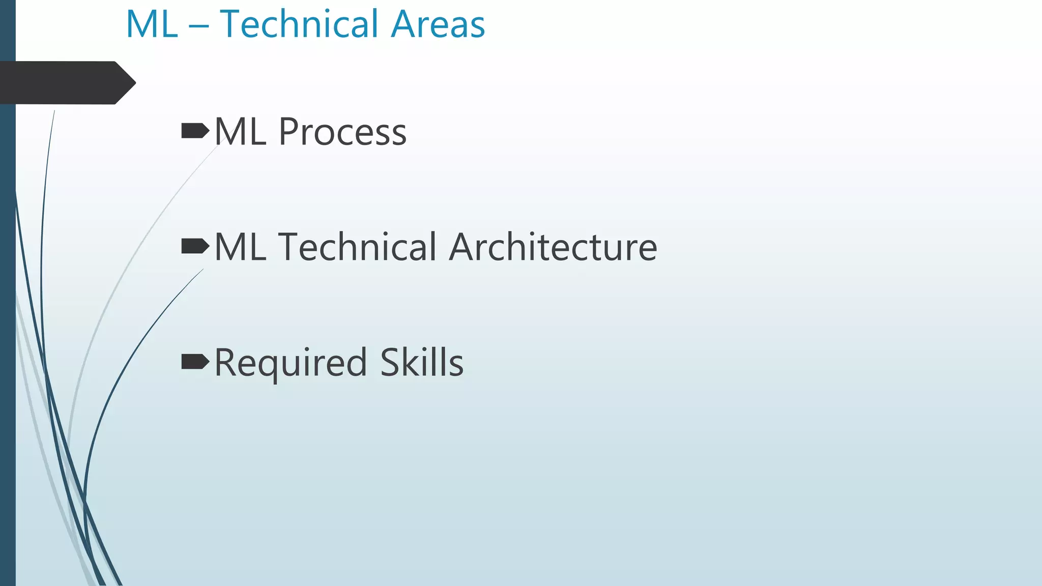 ML – Technical Areas
ML Process
ML Technical Architecture
Required Skills
 