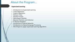 About the Program…
Supervised Learning
• Introduction to Supervised Learning
• Linear Regression
• Logistic Regression
• Decision Trees
• Random Forests
• Naïve Bayes Classifier
• Bayesian Statistics and Inference
• K-Nearest Neighbor
• Introduction to Neural Networks
• Introduction to Natural language Processing
• Mini Project to apply Supervised Learning Algorithms
 