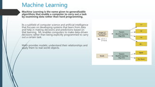 Machine Learning
Machine Learning is the name given to generalizable
algorithms that enable a computer to carry out a task
by examining data rather than hard programming.
Its a subfield of computer science and artificial intelligence
that focuses on developing systems that learn from data
and help in making decisions and predictions based on
that learning. ML enables computers to make data-driven
decisions rather than being explicitly programmed to carry
out a certain task.
Math provides models; understand their relationships and
apply them to real-world objects.
 