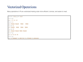 Vectorized Operations
Many operations in R are vectorized making code more efficient, concise, and easier to read.
> x <- 1:4; y <- 6:9
> x + y
[1] 7 9 11 13
> x > 2
[1] FALSE FALSE TRUE TRUE
> x >= 2
[1] FALSE TRUE TRUE TRUE
> y == 8
[1] FALSE FALSE TRUE FALSE
> x * y
[1] 6 14 24 36
> x / y
[1] 0.1666667 0.2857143 0.3750000 0.4444444
 