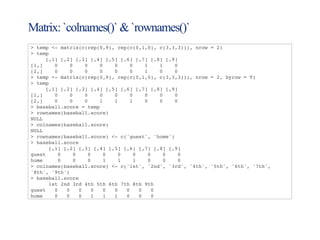 Matrix:`colnames()`&`rownames()`
> temp <- matrix(c(rep(0,9), rep(c(0,1,0), c(3,3,3))), nrow = 2)
> temp
[,1] [,2] [,3] [,4] [,5] [,6] [,7] [,8] [,9]
[1,] 0 0 0 0 0 0 1 1 0
[2,] 0 0 0 0 0 0 1 0 0
> temp <- matrix(c(rep(0,9), rep(c(0,1,0), c(3,3,3))), nrow = 2, byrow = T)
> temp
[,1] [,2] [,3] [,4] [,5] [,6] [,7] [,8] [,9]
[1,] 0 0 0 0 0 0 0 0 0
[2,] 0 0 0 1 1 1 0 0 0
> baseball.score = temp
> rownames(baseball.score)
NULL
> colnames(baseball.score)
NULL
> rownames(baseball.score) <- c('guest', 'home')
> baseball.score
[,1] [,2] [,3] [,4] [,5] [,6] [,7] [,8] [,9]
guest 0 0 0 0 0 0 0 0 0
home 0 0 0 1 1 1 0 0 0
> colnames(baseball.score) <- c('1st', '2nd', '3rd', '4th', '5th', '6th', '7th',
'8th', '9th')
> baseball.score
1st 2nd 3rd 4th 5th 6th 7th 8th 9th
guest 0 0 0 0 0 0 0 0 0
home 0 0 0 1 1 1 0 0 0
 
