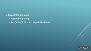  Genişletilebilir yapı
 Geliştirme desteği
 İsteğe bağlı ülke ve bölge PII kelimeleri
 