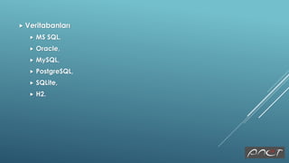 Veritabanları
 MS SQL,
 Oracle,
 MySQL,
 PostgreSQL,
 SQLite,
 H2.
 