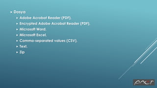  Dosya
 Adobe Acrobat Reader (PDF),
 Encrypted Adobe Acrobat Reader (PDF),
 Microsoft Word,
 Microsoft Excel,
 Comma-separated values (CSV),
 Text,
 Zip
 