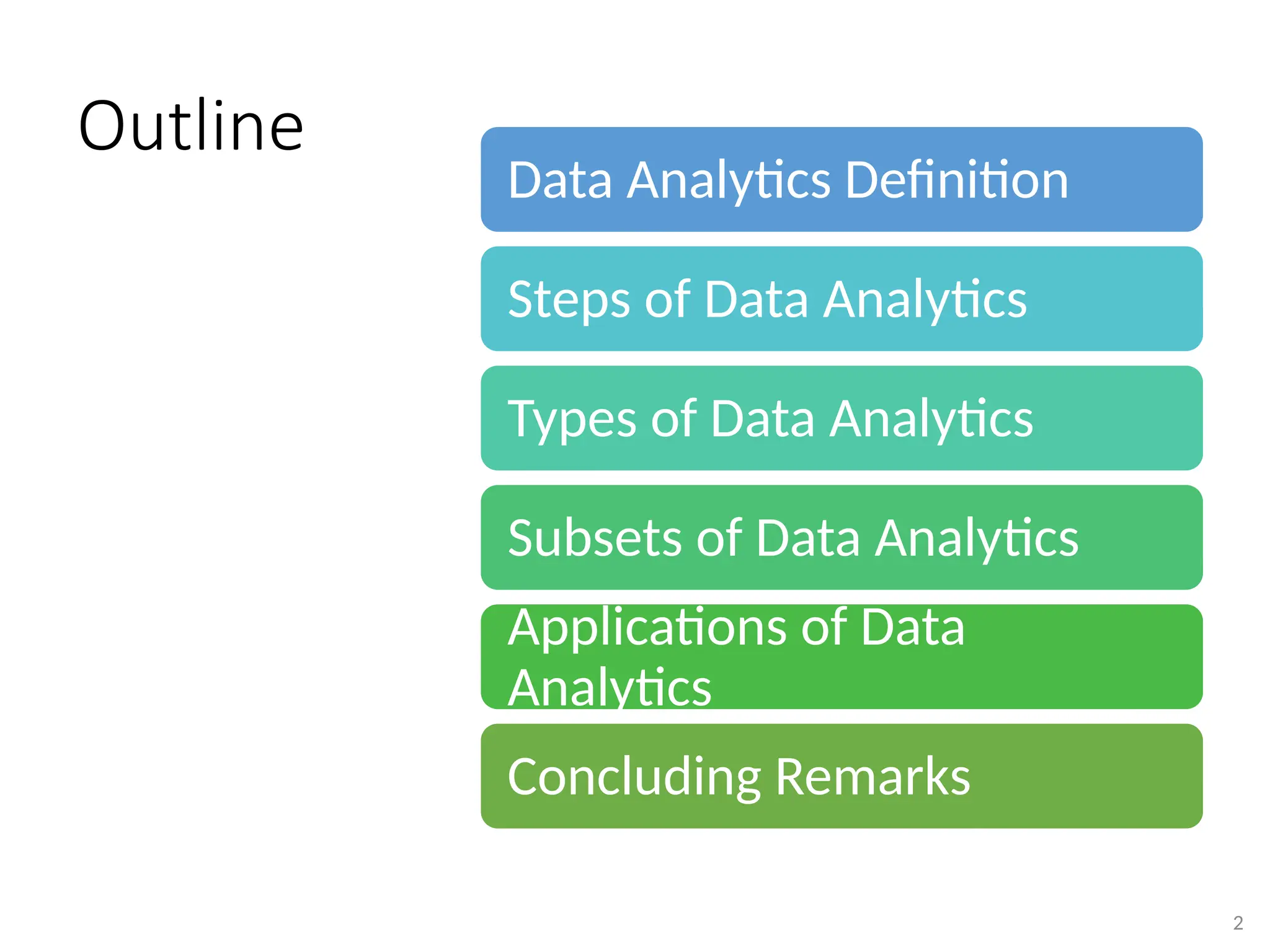 Outline
2
Data Analytics Definition
Steps of Data Analytics
Types of Data Analytics
Subsets of Data Analytics
Applications of Data
Analytics
Concluding Remarks
 