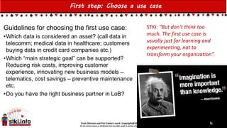 Einat Shimoni and Pini Cohen’s work Copyright@2015
Do not remove source or attribution from any slide, graph or portion of graph
First step: Choose a use case
Guidelines for choosing the first use case:
•Which data is considered an asset? (call data in
telecomm; medical data in healthcare; customers
buying data in credit card companies etc.)
•Which “main strategic goal” can be supported?
Reducing risk costs, improving customer
experience, innovating new business models –
telematics, cost savings – preventive maintenance
etc.
•Do you have the right business partner in LoB?
9
STKI: “But don’t think too
much. The first use case is
usually just for learning and
experimenting, not to
transform your organization”.
N
 