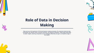 Role of Data in Decision
Making
Data serves as the backbone of informed decision-making processes. By analyzing historical data,
businesses can identify trends, forecast outcomes, and optimize operations. High-quality data leads
to better insights, allowing companies to pivot strategies effectively and gain a competitive edge in
the market.
 