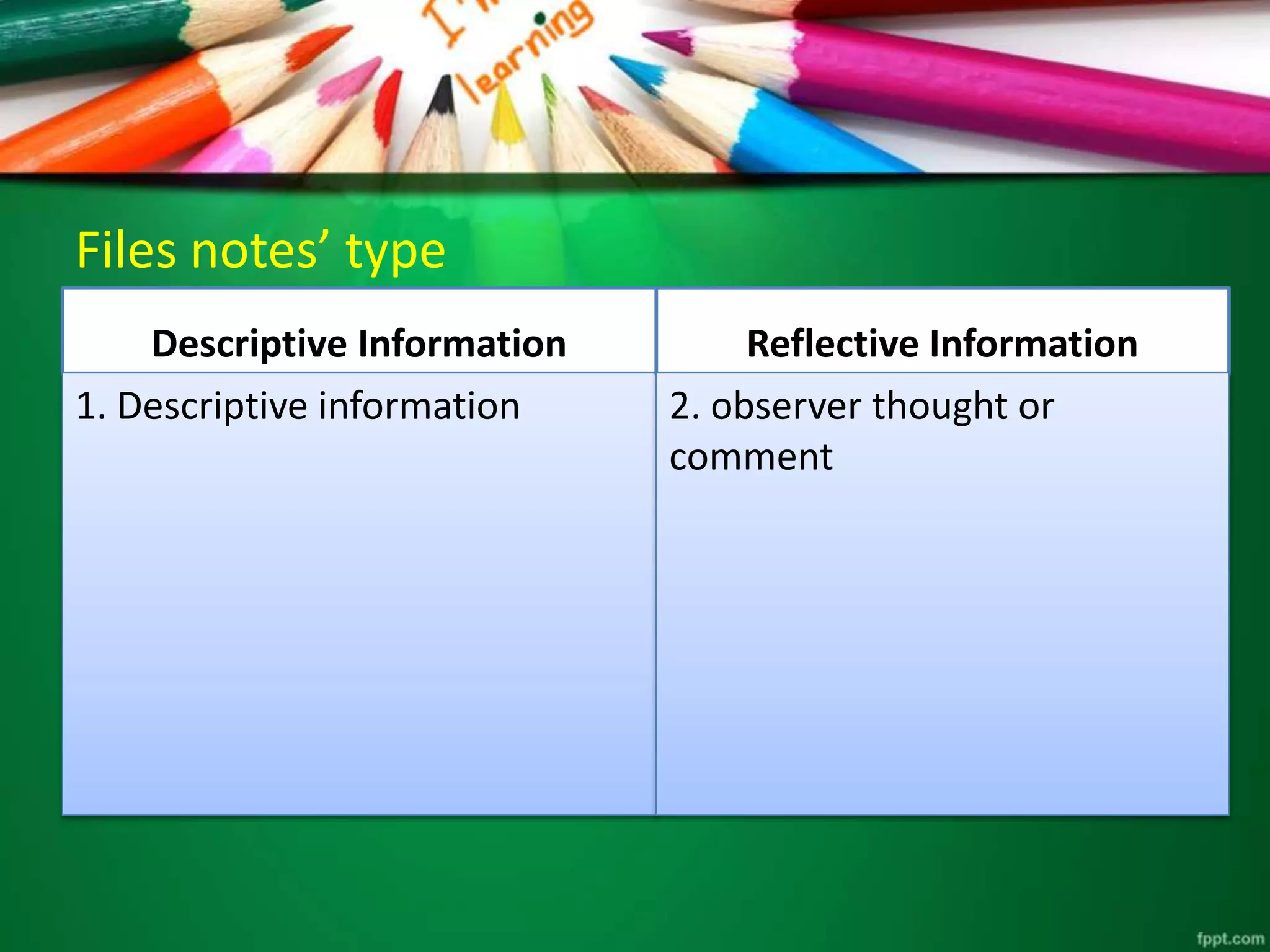 Files notes’ type 
Descriptive Information 
1. Descriptive information 
Reflective Information 
2. observer thought or 
comment 
 