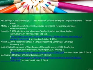 McDonough, J. and McDonough, S. 1997. Research Methods for English Language Teachers. London: 
Arnold. 
McKay, S. L. 2006. Researching Second Language Classrooms. New Jersey: Lawrence 
Erlbaum Associates. 
Numrich, C. 1996. On Becoming a Language Teacher: Insights from Diary Studies. 
TESOL Quarterly, (Online) 30 (1): 131-153. 
(http://linksprogram.gmu.edu/tutorcorner/NCLC495Readings/on_becoming_a_l 
anguage_teacher.pdf), accessed on October 4. 2014. 
Nunan, D. 1992. Research Methods in Language Learning. Cambridge: Cambridge 
University Press. 
United States Department of State Bureau of Human Resources. 2005. Conducting 
Effective Structured Interviews.Washington, D. C. (Online), 9. 
(http://www.state.gov/documents/organization/107843.pdf) accessed on October 7. 2014. 
Unstructured Methods of Asking Questions. 27. (Online), 
(http://labspace.open.ac.uk/file.php/2538/!via/oucontent/course/167/deh313_ 
1blk3.4.pdf), accessed on October 7. 2014. 
 