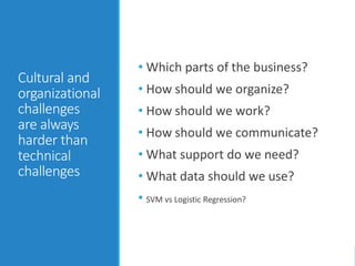 Cultural and
organizational
challenges
are always
harder than
technical
challenges
• Which parts of the business?
• How should we organize?
• How should we work?
• How should we communicate?
• What support do we need?
• What data should we use?
• SVM vs Logistic Regression?
 