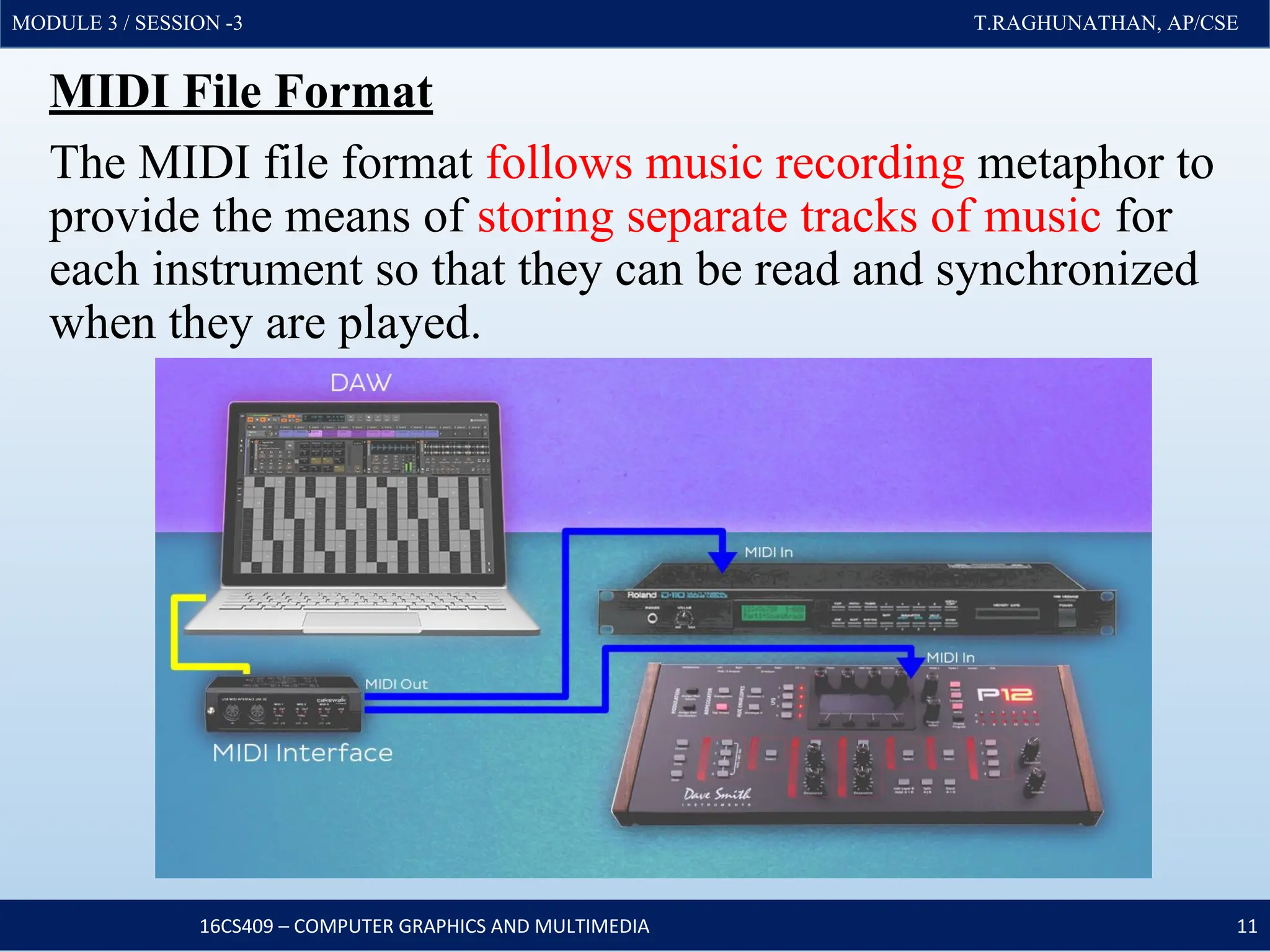 MODULE 3 / SESSION -3 T.RAGHUNATHAN, AP/CSE
MODULE 3 / SESSION -3 T.RAGHUNATHAN, AP/CSE
MIDI File Format
The MIDI file format follows music recording metaphor to
provide the means of storing separate tracks of music for
each instrument so that they can be read and synchronized
when they are played.
16CS409 – COMPUTER GRAPHICS AND MULTIMEDIA 11
 