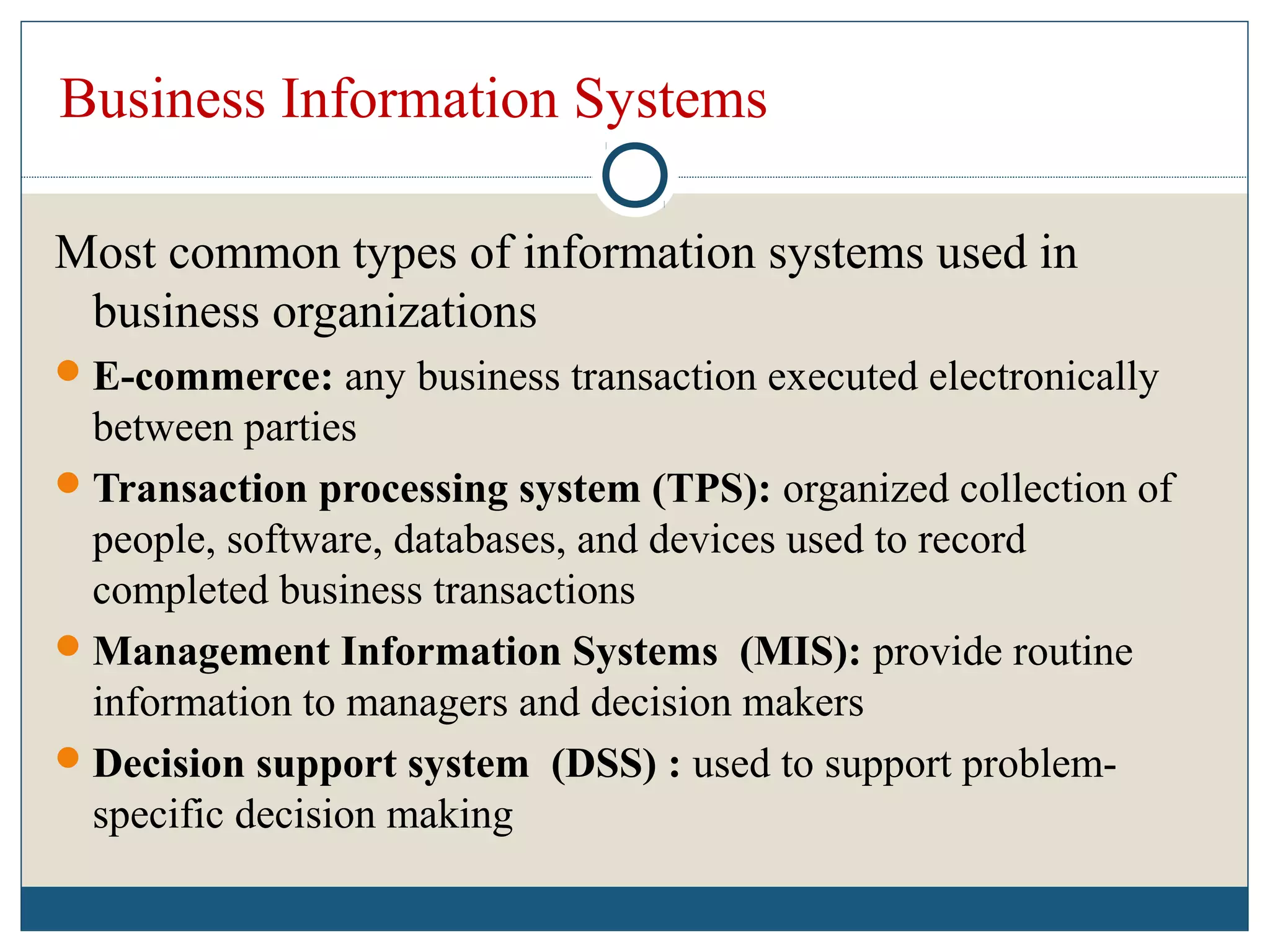 Business Information Systems
Most common types of information systems used in
business organizations
E-commerce: any business transaction executed electronically
between parties
Transaction processing system (TPS): organized collection of
people, software, databases, and devices used to record
completed business transactions
Management Information Systems (MIS): provide routine
information to managers and decision makers
Decision support system (DSS) : used to support problem-
specific decision making
 