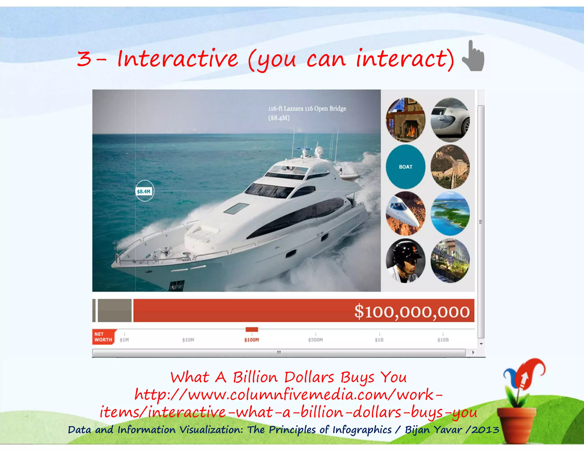 3- Interactive (you can interact)

What A Billion Dollars Buys You
http://www.columnfivemedia.com/workitems/interactive-what-a-billion-dollars-buys-you
Data and Information Visualization: The Principles of Infographics / Bijan Yavar /2013

 