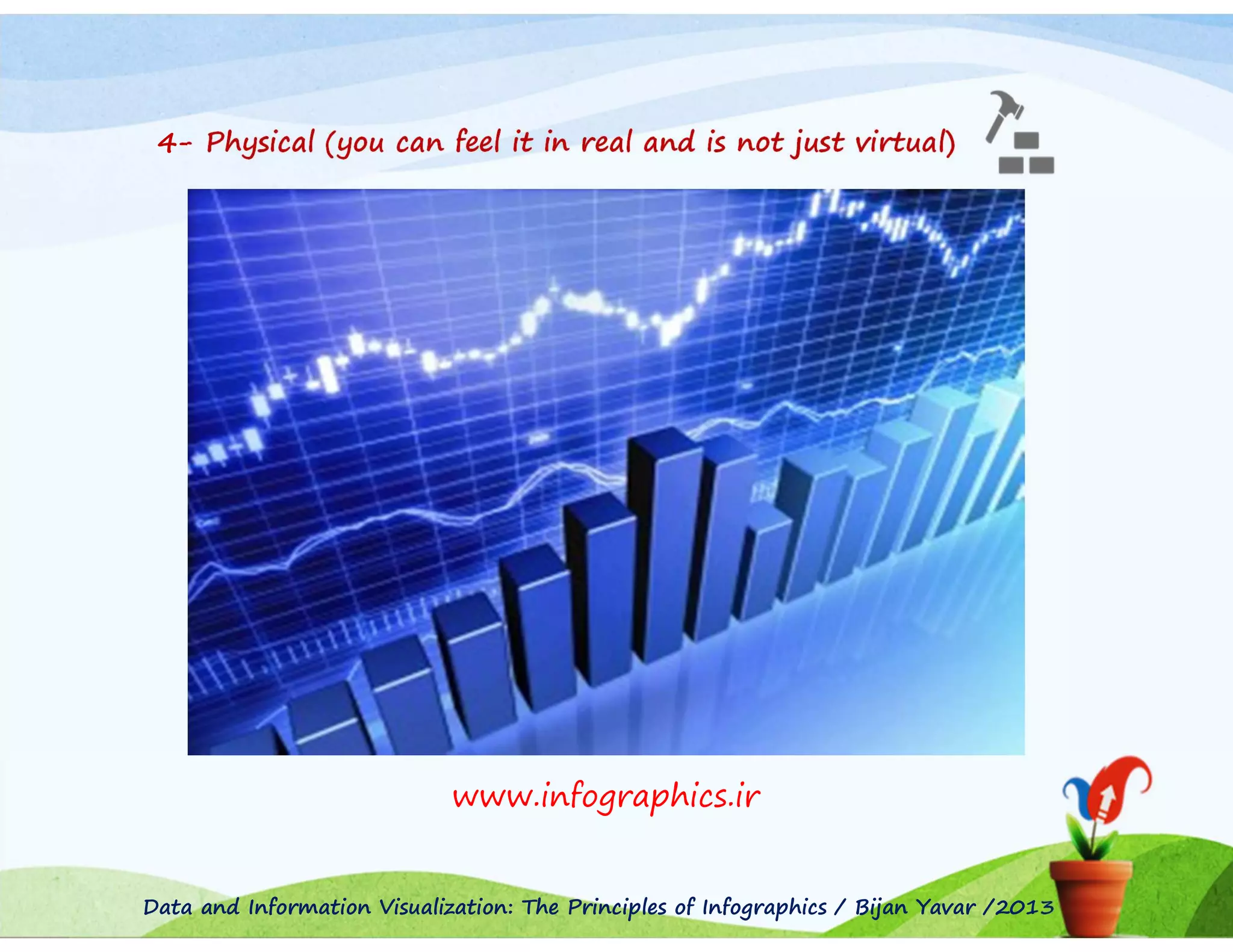 4- Physical (you can feel it in real and is not just virtual)

www.infographics.ir

Data and Information Visualization: The Principles of Infographics / Bijan Yavar /2013

 