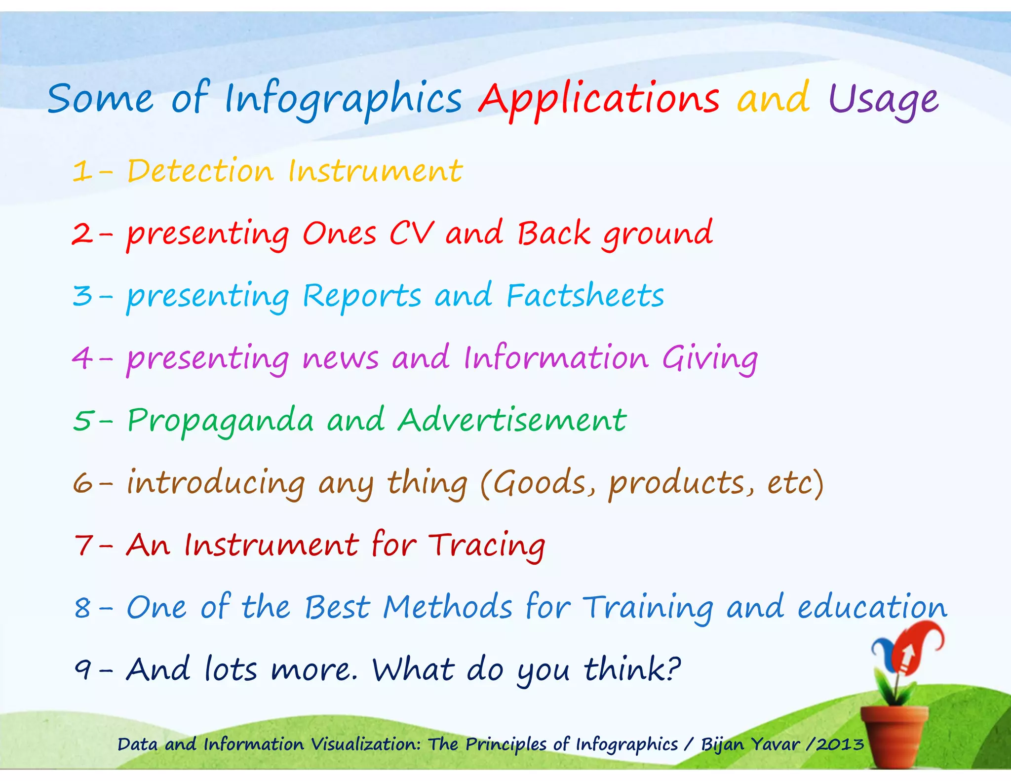 Some of Infographics Applications and Usage
1- Detection Instrument
2- presenting Ones CV and Back ground
3- presenting Reports and Factsheets
4- presenting news and Information Giving
5- Propaganda and Advertisement
6- introducing any thing (Goods, products, etc)
7- An Instrument for Tracing
8- One of the Best Methods for Training and education
9- And lots more. What do you think?
Data and Information Visualization: The Principles of Infographics / Bijan Yavar /2013

 