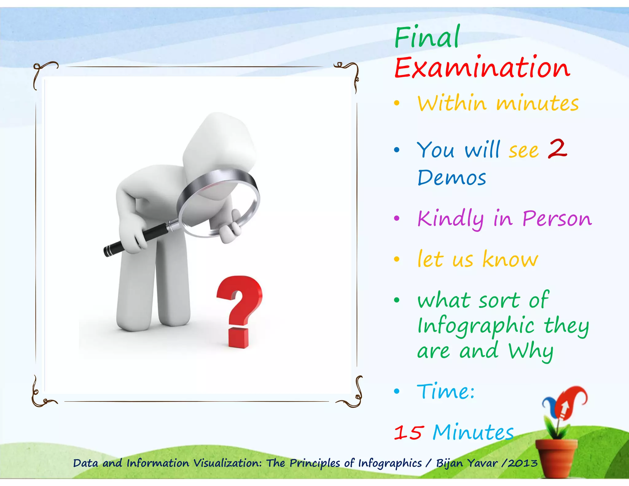 Final
Examination
• Within minutes
• You will see
Demos

2

• Kindly in Person
• let us know
• what sort of
Infographic they
are and Why
• Time:
15 Minutes
Data and Information Visualization: The Principles of Infographics / Bijan Yavar /2013

 