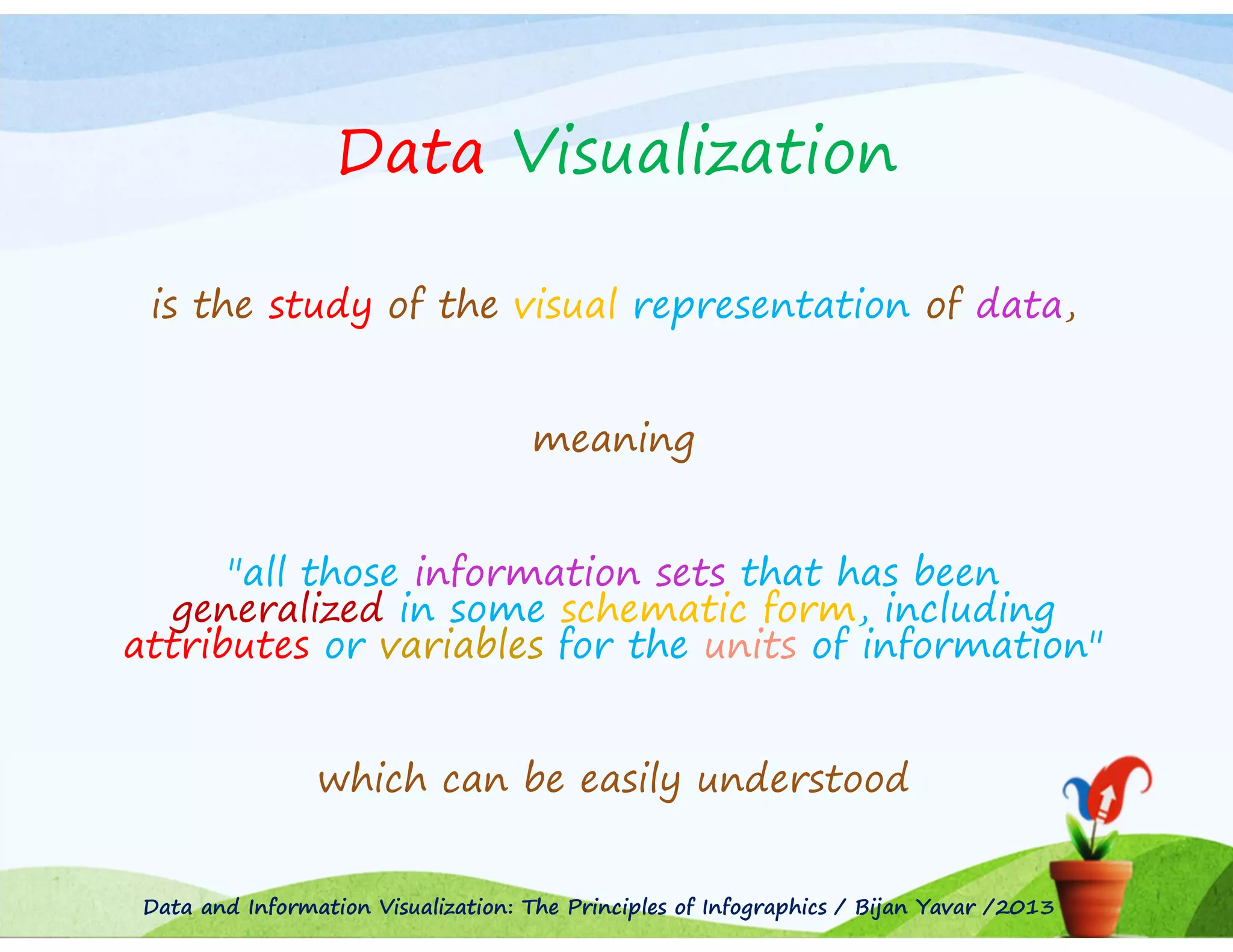 Data Visualization
is the study of the visual representation of data,
meaning
"all those information sets that has been
generalized in some schematic form, including
attributes or variables for the units of information"
which can be easily understood
Data and Information Visualization: The Principles of Infographics / Bijan Yavar /2013

 