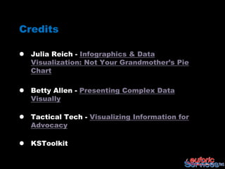 Credits

 Julia Reich - Infographics & Data
  Visualization: Not Your Grandmother’s Pie
  Chart

 Betty Allen - Presenting Complex Data
  Visually

 Tactical Tech - Visualizing Information for
  Advocacy

 KSToolkit
 