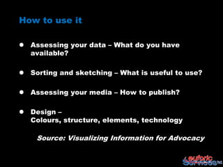 How to use it

 Assessing your data – What do you have
  available?

 Sorting and sketching – What is useful to use?

 Assessing your media – How to publish?

 Design –
  Colours, structure, elements, technology

    Source: Visualizing Information for Advocacy
 