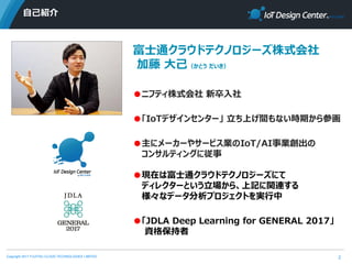 Copyright 2017 FUJITSU CLOUD TECHNOLOGIES LIMITED
自己紹介
2
富士通クラウドテクノロジーズ株式会社
加藤 大己（かとう だいき）
●ニフティ株式会社 新卒入社
●「IoTデザインセンター」 立ち上げ間もない時期から参画
●主にメーカーやサービス業のIoT/AI事業創出の
コンサルティングに従事
●現在は富士通クラウドテクノロジーズにて
ディレクターという立場から、上記に関連する
様々なデータ分析プロジェクトを実行中
●「JDLA Deep Learning for GENERAL 2017」
資格保持者
 
