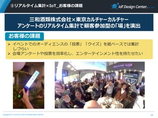 Copyright 2017 FUJITSU CLOUD TECHNOLOGIES LIMITED
⑤リアルタイム集計×IoT_お客様の課題
23
三和酒類株式会社×東京カルチャーカルチャー
アンケートのリアルタイム集計で顧客参加型の「場」を演出
 イベントでのオーディエンスの「投票」「クイズ」を紙ベースでは集計
しづらい
 会場アンケートや投票を効率化し、エンターテインメント性を持たせたい
お客様の課題
 