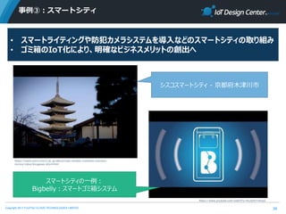 Copyright 2017 FUJITSU CLOUD TECHNOLOGIES LIMITED
事例③：スマートシティ
29
• スマートライティングや防犯カメラシステムを導入などのスマートシティの取り組み
• ゴミ箱のIoT化により、明確なビジネスメリットの創出へ
https://www.cisco.com/c/ja_jp/about/case-studies-customer-success-
stories/video/kizugawa-short.html
シスコスマートシティ - 京都府木津川市
スマートシティの一例：
Bigbelly：スマートゴミ箱システム
https://www.youtube.com/watch?v=hLoEAnTemuU
 