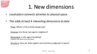 MK99 – Big Data 4 
1. New dimensions 
• 
Localization connects activities to physical space 
• 
This adds at least 4 inter...