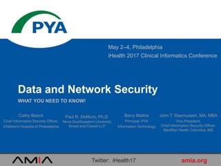 May 2–4, Philadelphia
iHealth 2017 Clinical Informatics Conference
WHAT YOU NEED TO KNOW!
Data and Network Security
 Paul R. DeMuro, Ph.D.
Nova Southeastern University
Broad and Cassel LLP
Barry Mathis
Principal, PYA
Information Technology
John T. Rasmussen, MA, MBA
Vice President,
Chief Information Security Officer,
MedStar Health Columbia, MD
Cathy Beech
Chief Information Security Officer,
Children's Hospital of Philadelphia
amia.orgTwitter: iHealth17
 