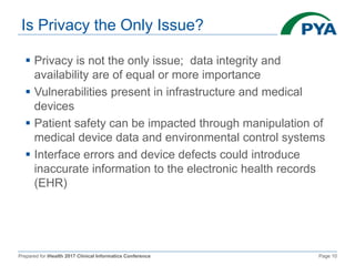 Prepared for iHealth 2017 Clinical Informatics Conference Page 10
Is Privacy the Only Issue?
 Privacy is not the only issue; data integrity and
availability are of equal or more importance
 Vulnerabilities present in infrastructure and medical
devices
 Patient safety can be impacted through manipulation of
medical device data and environmental control systems
 Interface errors and device defects could introduce
inaccurate information to the electronic health records
(EHR)
 
