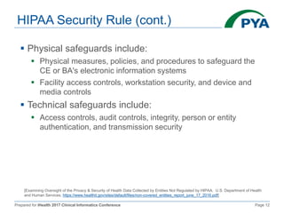 Prepared for iHealth 2017 Clinical Informatics Conference Page 12
HIPAA Security Rule (cont.)
 Physical safeguards include:
 Physical measures, policies, and procedures to safeguard the
CE or BA's electronic information systems
 Facility access controls, workstation security, and device and
media controls
 Technical safeguards include:
 Access controls, audit controls, integrity, person or entity
authentication, and transmission security
[Examining Oversight of the Privacy & Security of Health Data Collected by Entities Not Regulated by HIPAA. U.S. Department of Health
and Human Services, https://www.healthit.gov/sites/default/files/non-covered_entities_report_june_17_2016.pdf]
 