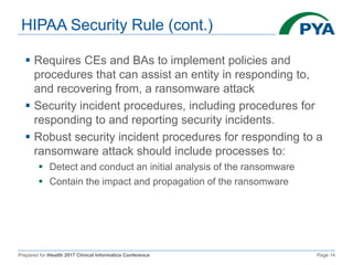 Prepared for iHealth 2017 Clinical Informatics Conference Page 14
HIPAA Security Rule (cont.)
 Requires CEs and BAs to implement policies and
procedures that can assist an entity in responding to,
and recovering from, a ransomware attack
 Security incident procedures, including procedures for
responding to and reporting security incidents.
 Robust security incident procedures for responding to a
ransomware attack should include processes to:
 Detect and conduct an initial analysis of the ransomware
 Contain the impact and propagation of the ransomware
 