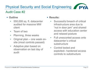 Prepared for iHealth 2017 Clinical Informatics Conference Page 21
Physical Security and Social Engineering
Audit Case #2
 Outline
• 550,000 sq. ft. datacenter
audited for massive MW
client
• Team of two
• Planning, three weeks
• Original plan – one week on-
site (most controls passed)
• Adaptive plan based on
observation on last day of
audit
 Results:
• Successful breach of critical
infrastructure area due to
“nut in door jam” and shared
access with education center
and relaxed posture
• Full unescorted access onto
datacenter’s critical
substructure
• Control tested and
exploited– hardened access
controls to substructure
 