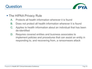 Prepared for iHealth 2017 Clinical Informatics Conference Page 36
Question
 The HIPAA Privacy Rule
A. Protects all health information wherever it is found
B. Does not protect all health information wherever it is found
C. Applies to health information about an individual that has been
de-identified
D. Requires covered entities and business associates to
implement policies and procedures that can assist an entity in
responding to, and recovering from, a ransomware attack
 