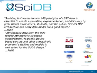 "Scalable, fast access to over 100 petabytes of LSST data is essential to enable exploration, experimentation, and discovery by professional astronomers, students, and the public. SciDB's MPP architecture and array data model are a good match."...LSST"Atmospheric data from the DOE-funded Atmospheric Radiation Measurement Program's ground-based sensors and other atmospheric programs' satellites and models is well suited for the SciDB design."...PNNL53