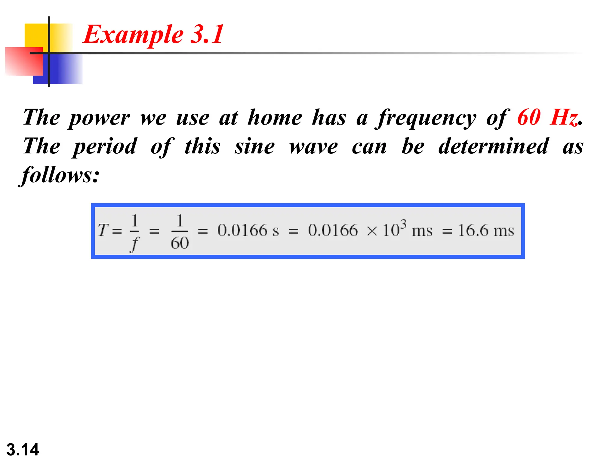 3.14
The power we use at home has a frequency of 60 Hz.
The period of this sine wave can be determined as
follows:
Example 3.1
 