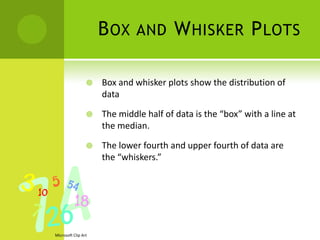 B OX     AND      W HISKER P LOTS

                    Box and whisker plots show the distribution of
                     data

                    The middle half of data is the “box” with a line at
                     the median.

                    The lower fourth and upper fourth of data are
                     the “whiskers.”




Microsoft Clip Art
 