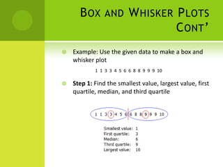 B OX AND W HISKER P LOTS
                        C ONT ’
   Example: Use the given data to make a box and
    whisker plot
            1 1 3 3 4 5 6 6 8 8 9 9 9 10

   Step 1: Find the smallest value, largest value, first
    quartile, median, and third quartile
 