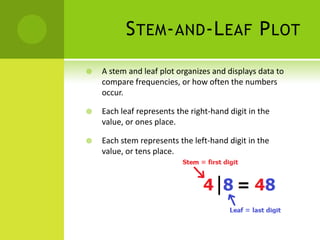 S TEM - AND -L EAF P LOT
   A stem and leaf plot organizes and displays data to
    compare frequencies, or how often the numbers
    occur.

   Each leaf represents the right-hand digit in the
    value, or ones place.

   Each stem represents the left-hand digit in the
    value, or tens place.
 