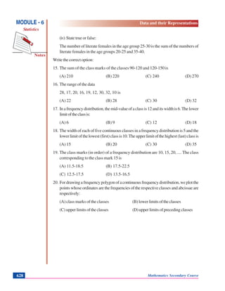 Notes
MODULE - 6
Statistics
Data and their Representations
Mathematics Secondary Course628
(iv) State true or false:
The number of literate females in the age group 25-30 is the sum of the numbers of
literate females in the age groups 20-25 and 35-40.
Write the correct option:
15. The sum of the class marks of the classes 90-120 and 120-150 is
(A) 210 (B) 220 (C) 240 (D) 270
16. The range of the data
28, 17, 20, 16, 19, 12, 30, 32, 10 is
(A) 22 (B) 28 (C) 30 (D) 32
17. Inafrequencydistribution,themid-valueofaclassis12anditswidthis6.Thelower
limitoftheclassis:
(A) 6 (B) 9 (C) 12 (D) 18
18. The width of each of five continuous classes in a frequency distribution is 5 and the
lowerlimitofthelowest(first)classis10.Theupperlimitofthehighest(last)classis
(A) 15 (B) 20 (C) 30 (D) 35
19. The class marks (in order) of a frequency distribution are 10, 15, 20, .... The class
corresponding to the class mark 15 is
(A) 11.5-18.5 (B) 17.5-22.5
(C) 12.5-17.5 (D) 13.5-16.5
20. Fordrawingafrequencypolygonofacontinuousfrequencydistribution,weplotthe
points whose ordinates are the frequencies of the respective classes and abcissae are
respectively:
(A) class marks of the classes (B)lowerlimitsoftheclasses
(C) upperlimitsoftheclasses (D)upperlimitsofprecedingclasses
 