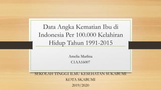 Data Angka Kematian Ibu di
Indonesia Per 100.000 Kelahiran
Hidup Tahun 1991-2015
Amelia Marlina
C1AA16007
SEKOLAH TINGGI ILMU KESEHATAN SUKABUMI
KOTA SKABUMI
2019/2020
 