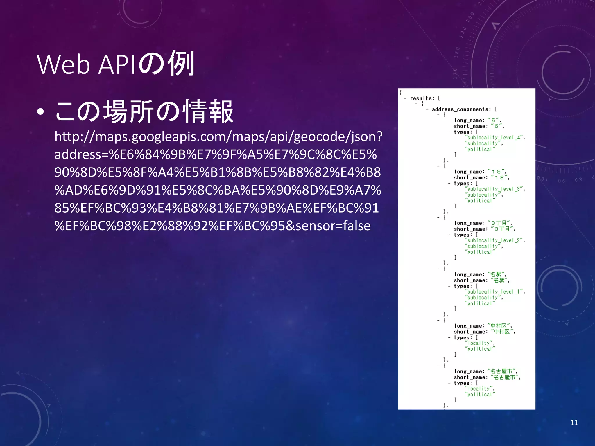 Web APIの例
• この場所の情報
http://maps.googleapis.com/maps/api/geocode/json?
address=%E6%84%9B%E7%9F%A5%E7%9C%8C%E5%
90%8D%E5%8F%A4%E5%B1%8B%E5%B8%82%E4%B8
%AD%E6%9D%91%E5%8C%BA%E5%90%8D%E9%A7%
85%EF%BC%93%E4%B8%81%E7%9B%AE%EF%BC%91
%EF%BC%98%E2%88%92%EF%BC%95&sensor=false

11

 