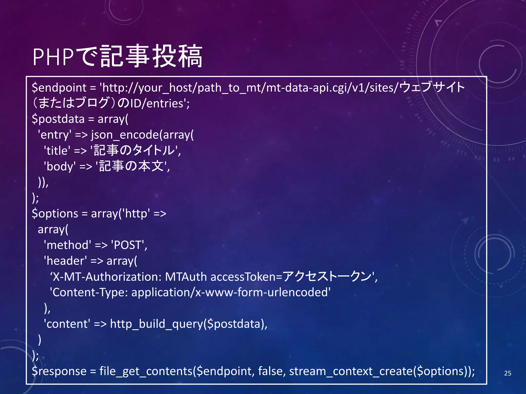 PHPで記事投稿
$endpoint = 'http://your_host/path_to_mt/mt-data-api.cgi/v1/sites/ウェブサイト
（またはブログ）のID/entries';
$postdata = array(
'entry' => json_encode(array(
'title' => '記事のタイトル',
'body' => '記事の本文',
)),
);
$options = array('http' =>
array(
'method' => 'POST',
'header' => array(
‘X-MT-Authorization: MTAuth accessToken=アクセストークン',
'Content-Type: application/x-www-form-urlencoded'
),
'content' => http_build_query($postdata),
)
);
$response = file_get_contents($endpoint, false, stream_context_create($options));

25

 