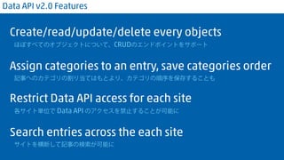 Data API v2.0 Features 
Create/read/update/delete every objects 
ほぼすべてのオブジェクトについて、CRUDのエンドポイントをサポート 
Assign categories to an entry, save categories order 
記事へのカテゴリの割り当てはもとより、カテゴリの順序を保存することも 
Restrict Data API access for each site 
各サイト単位で Data API のアクセスを禁止することが可能に 
Search entries across the each site 
サイトを横断して記事の検索が可能に 
 