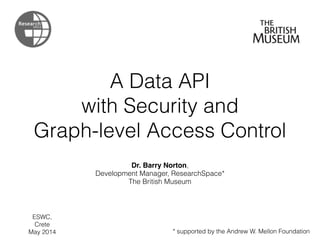 A Data API
with Security and
Graph-level Access Control
Dr. Barry Norton,
Development Manager, ResearchSpace*
The British Museum
* supported by the Andrew W. Mellon Foundation
ESWC,
Crete
May 2014
 