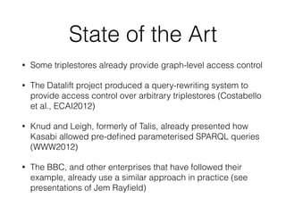 State of the Art
• Some triplestores already provide graph-level access control
• The Datalift project produced a query-rewriting system to
provide access control over arbitrary triplestores (Costabello
et al., ECAI2012)
• Knud and Leigh, formerly of Talis, already presented how
Kasabi allowed pre-deﬁned parameterised SPARQL queries
(WWW2012)
• The BBC, and other enterprises that have followed their
example, already use a similar approach in practice (see
presentations of Jem Rayﬁeld)
 