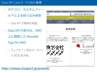 Data API Case 8 - ProNet 検索
http://www.sixapart.jp/pronet/
• カテゴリ、カスタムフィー
ルドによる絞り込み検索
• Data API で検索を実施
• Data API の実行は、AWS
上に構築した Movable
Type for AWS
• ウェブサイト用のデータベー
ス (RDS) を共有
 