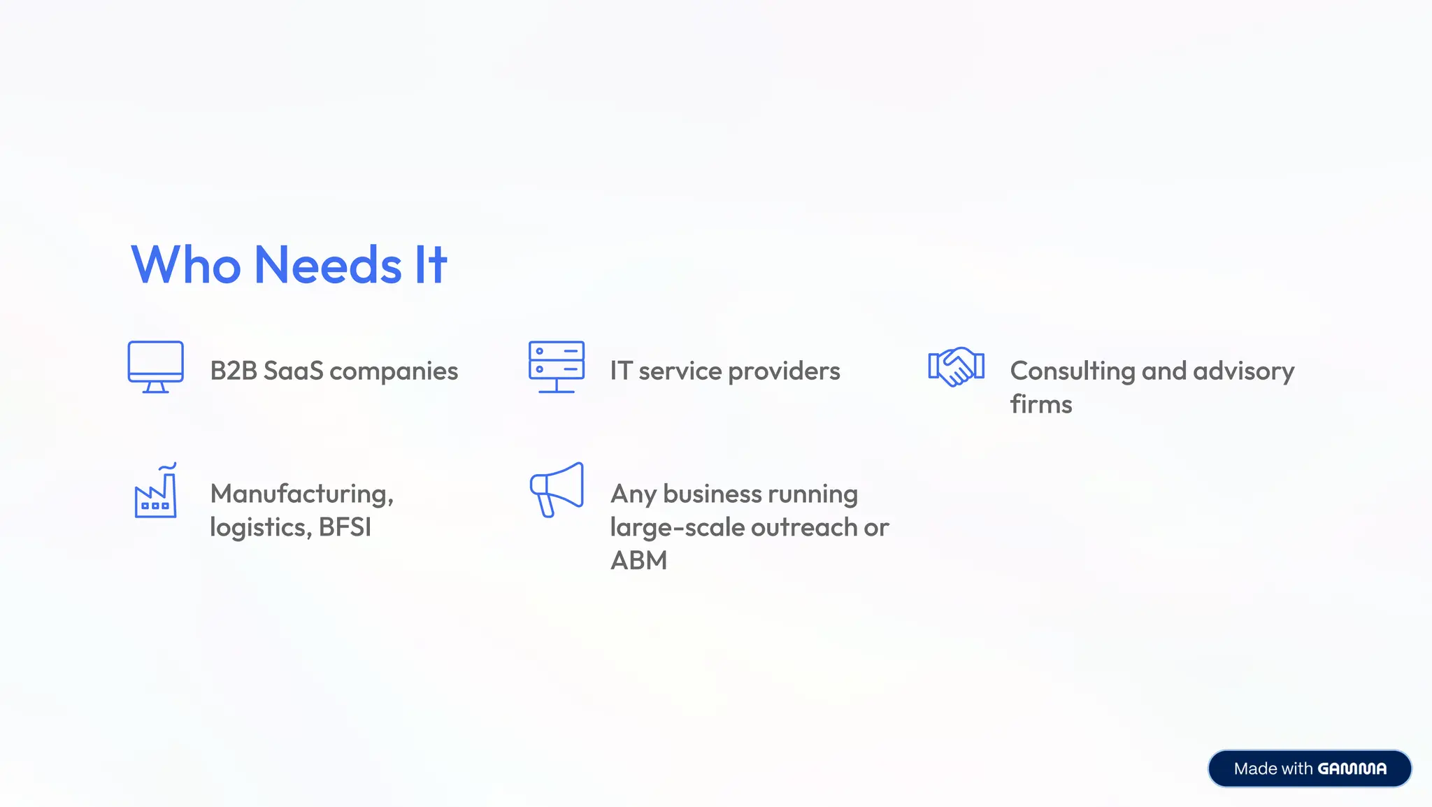 Who Needs It
B2B SaaS companies IT service providers Consulting and advisory
firms
Manufacturing,
logistics, BFSI
Any business running
large-scale outreach or
ABM
 