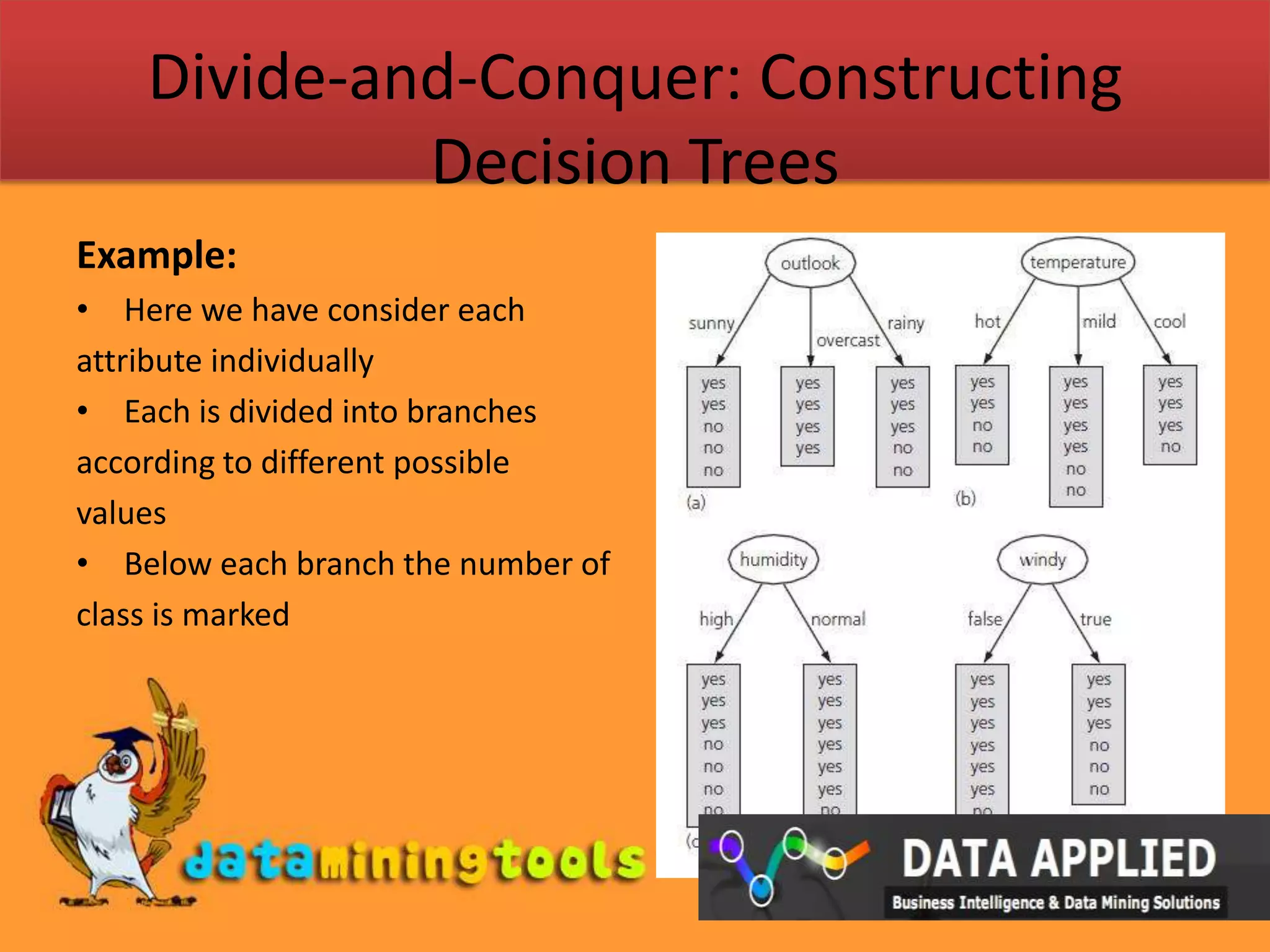 Divide-and-Conquer: Constructing Decision TreesExample:Here we have consider eachattribute individuallyEach is divided into branches according to different possible values Below each branch the number ofclass is marked 